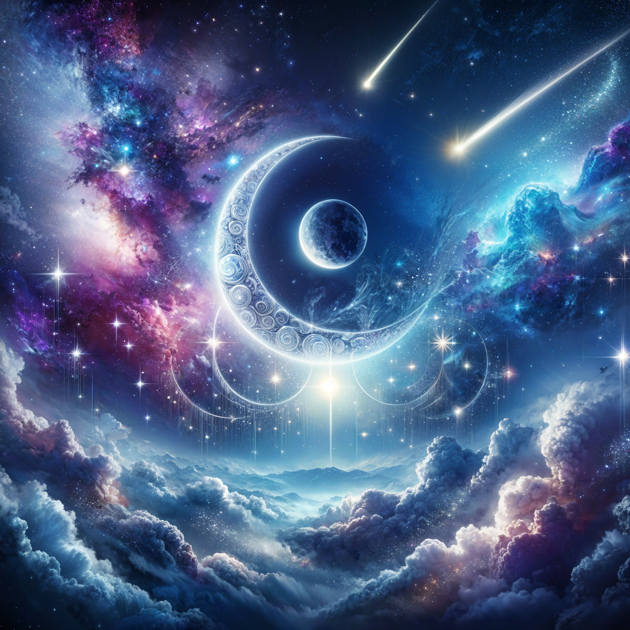 Vibrant Cosmic Scene with Galaxies and Crescent Moon