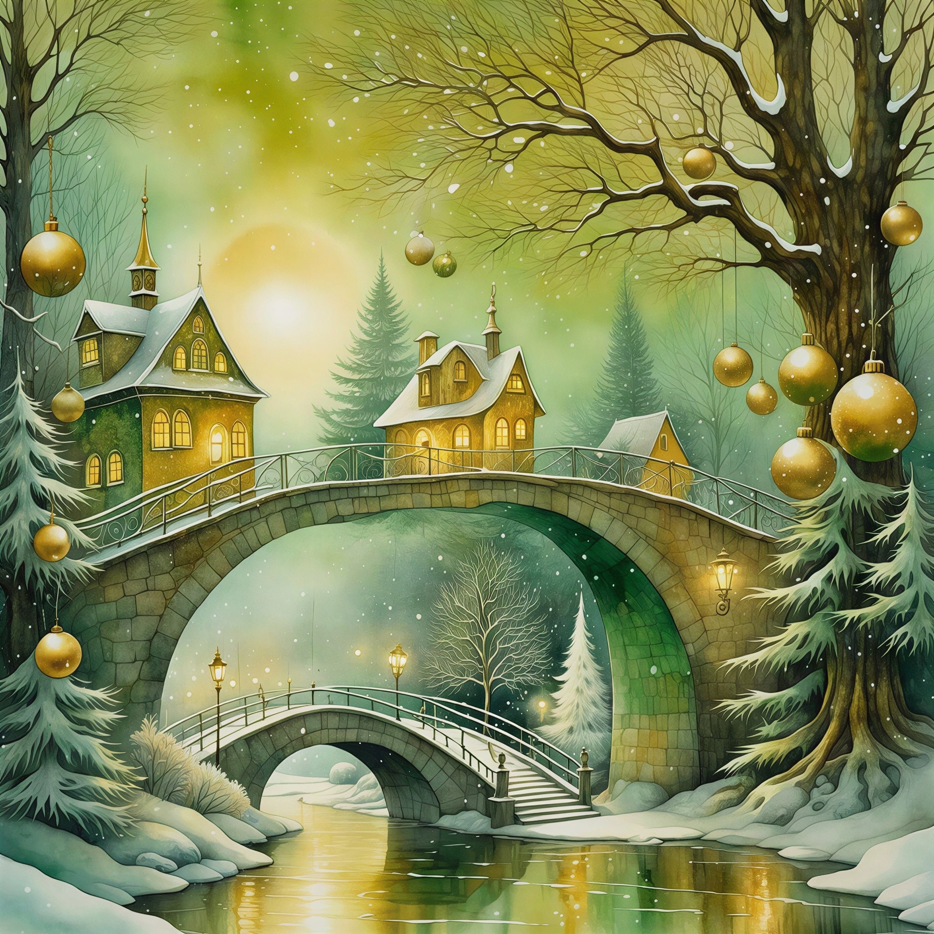 Dreamlike Winter Landscape with Stone Bridges and Houses