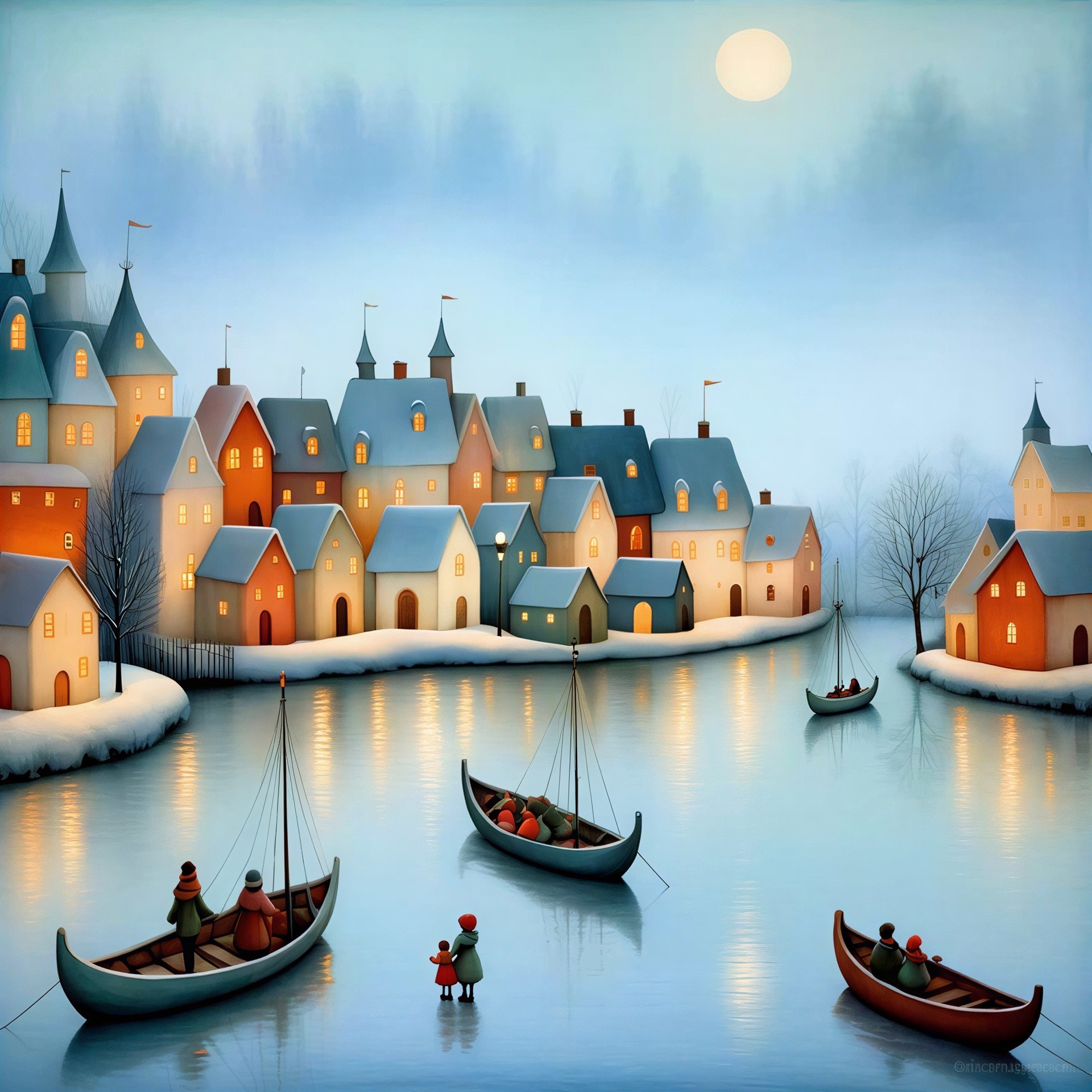 Whimsical Snowy Village Scene with Colorful Houses