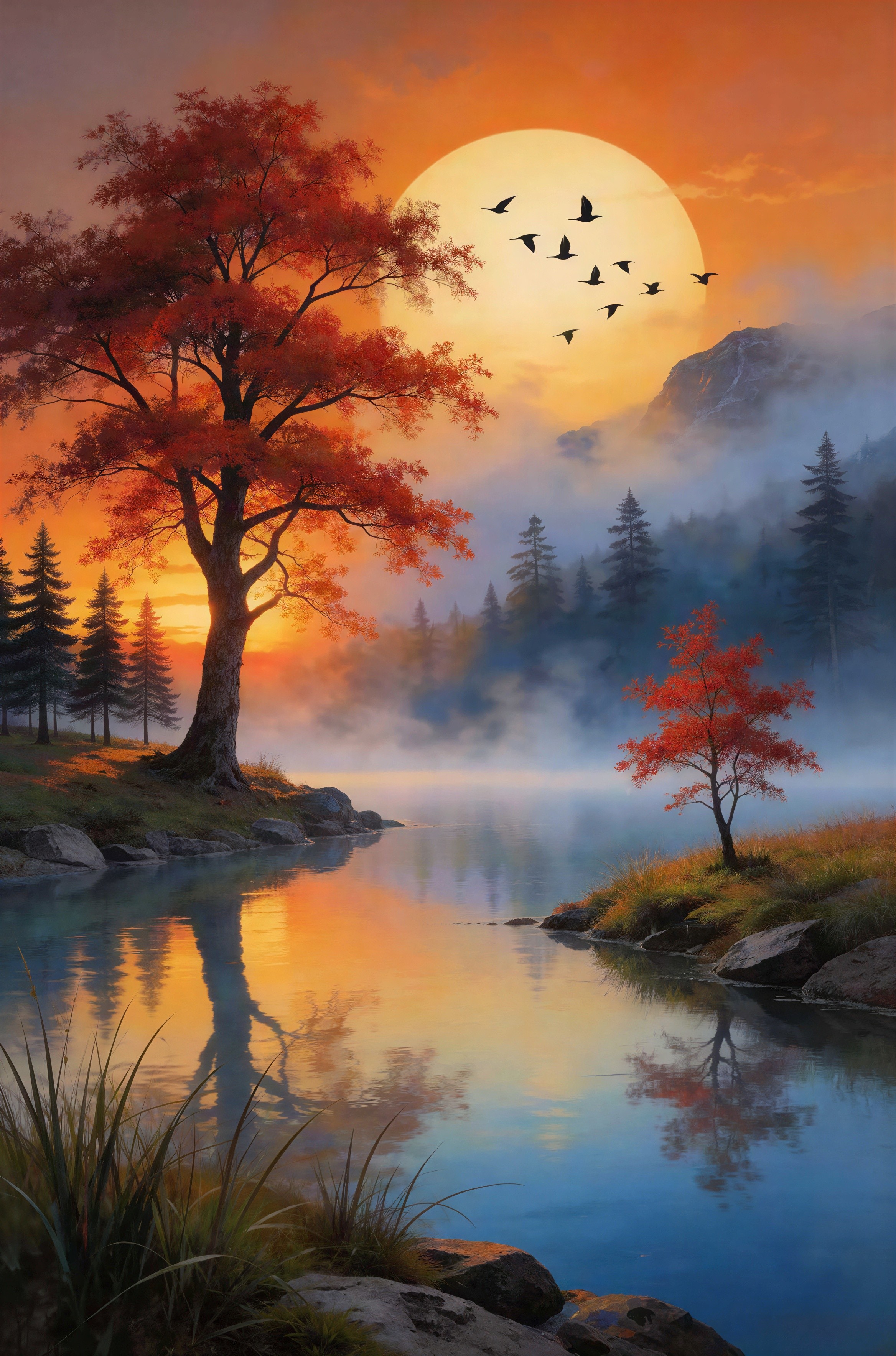 Vibrant Sunset Over Misty Lake with Gnarled Tree