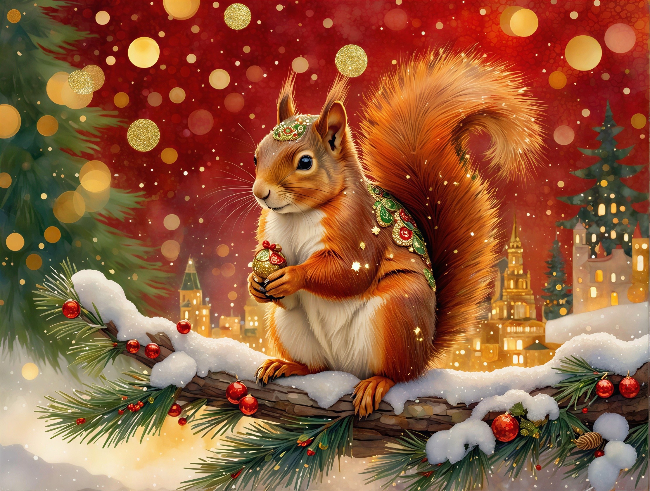 Detailed Painting of a Squirrel in Festive Attire