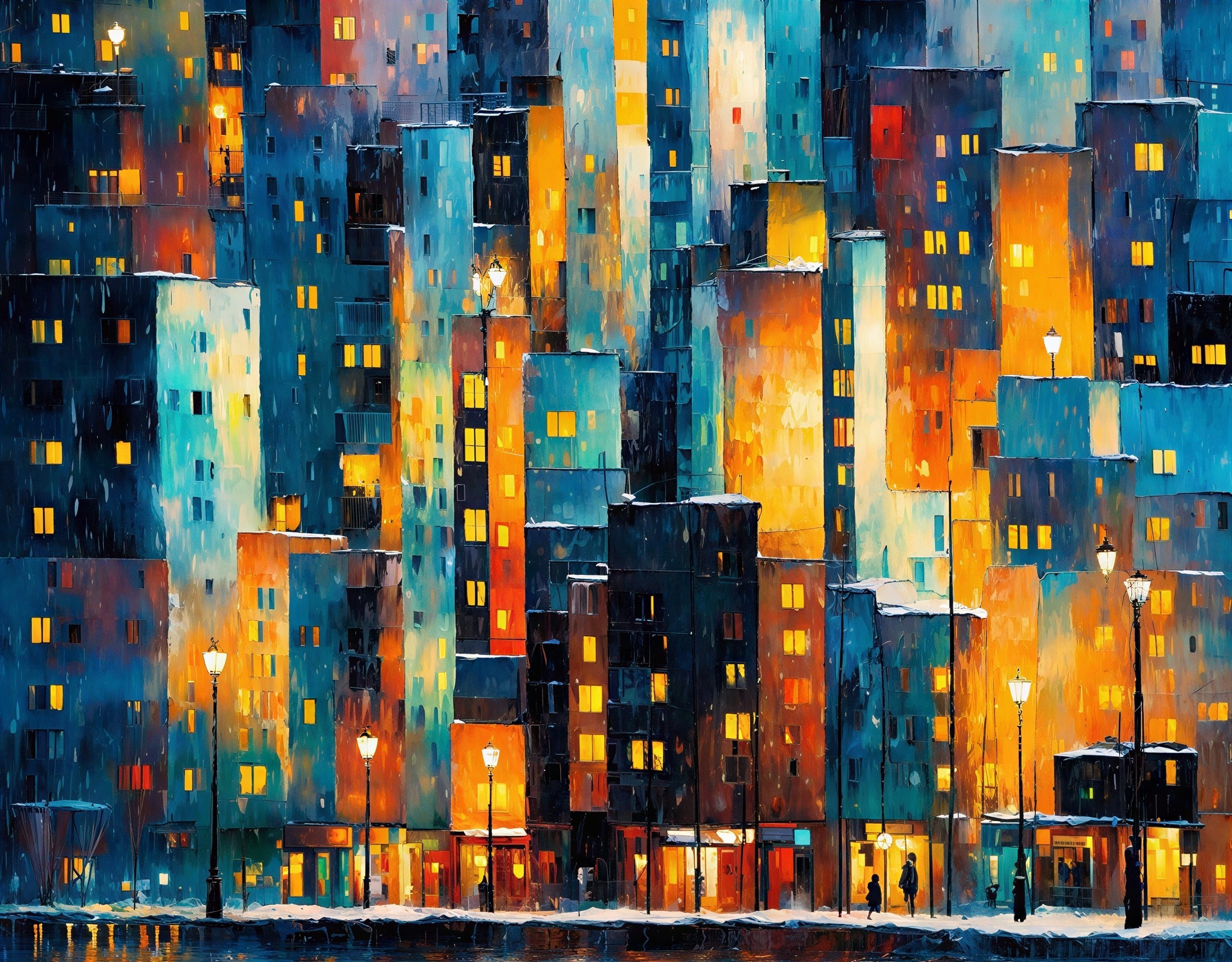Vibrant Cityscape Oil Painting with Night Snowfall