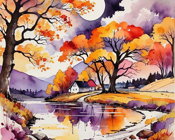 Vibrant Autumn Landscape with Moonlit Sky and Reflections