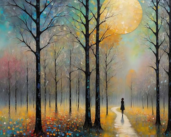 Lone Figure Walking on Winding Forest Path at Sunset