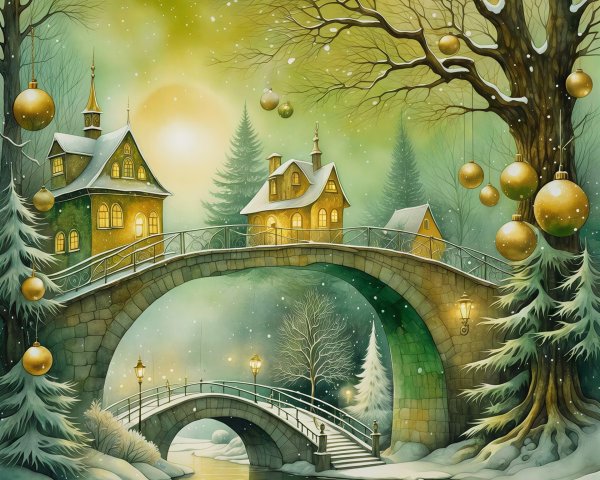 Dreamlike Winter Landscape with Stone Bridges and Houses
