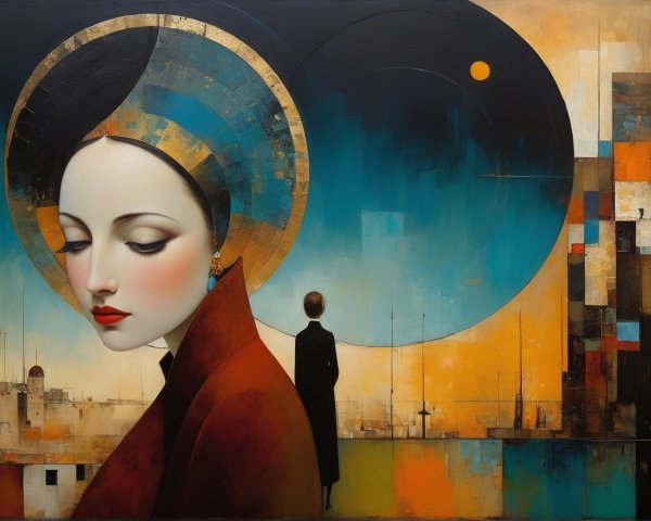 Art Deco Painting of Woman in Red Jacket and Hat