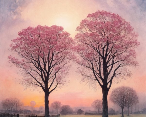 Whimsical Watercolor of Cherry Blossom Trees at Sunset