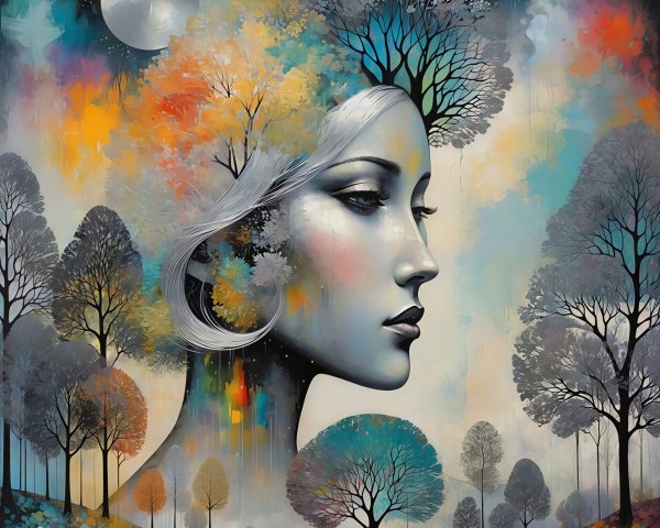 Digital Painting of Woman with Tree and Colorful Background