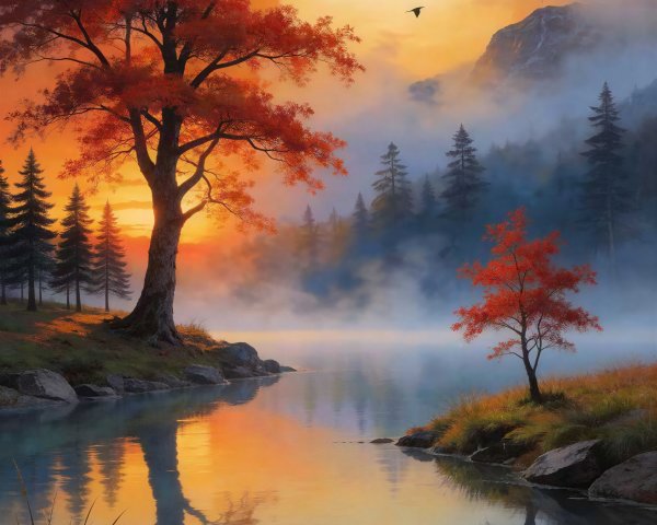 Vibrant Sunset Over Misty Lake with Gnarled Tree