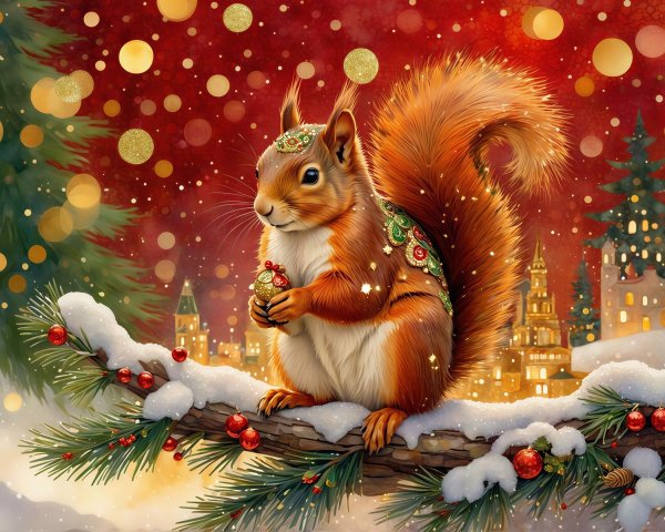 Detailed Painting of a Squirrel in Festive Attire