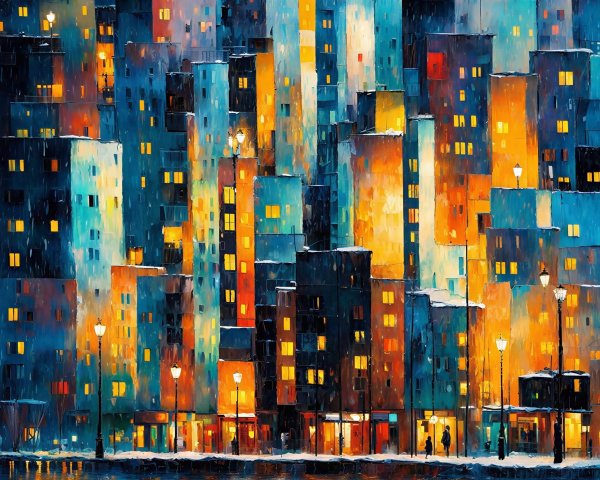 Vibrant Cityscape Oil Painting with Night Snowfall