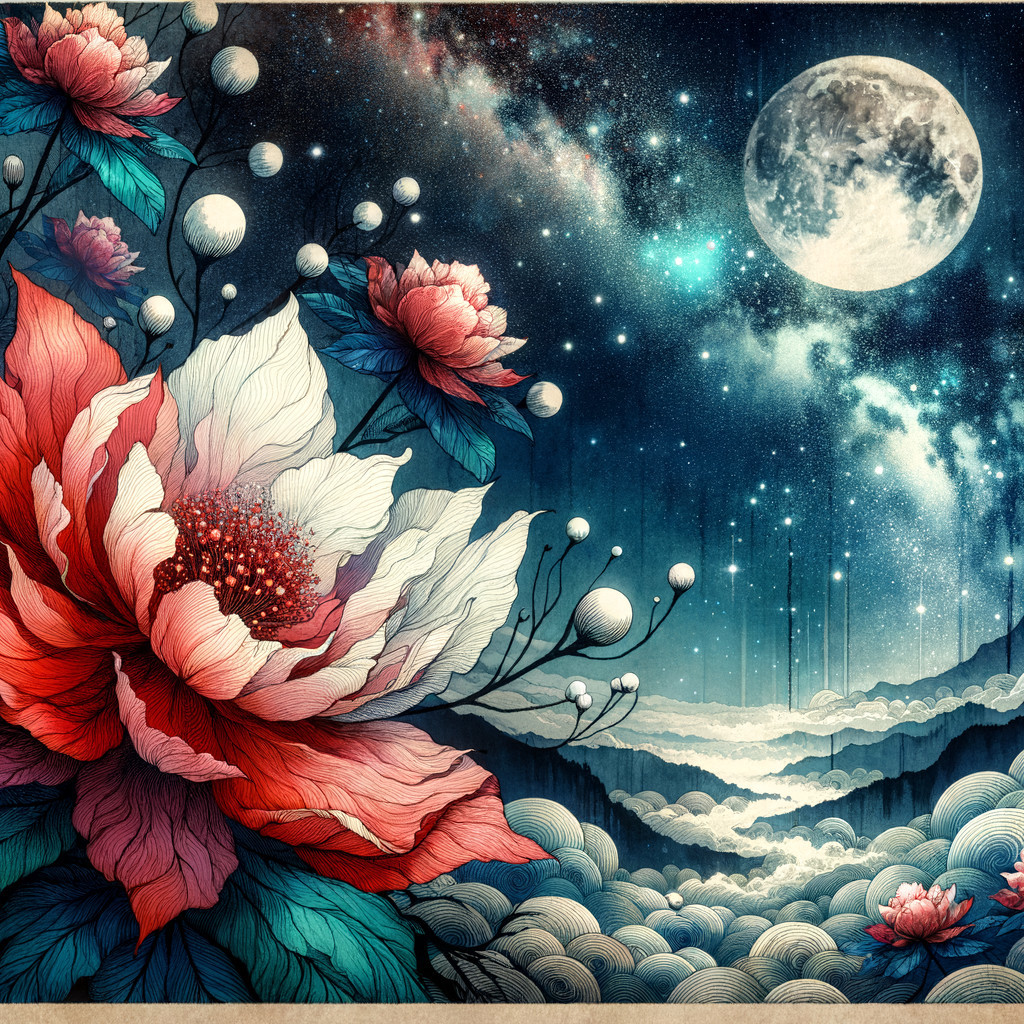 Abstract Night Garden with Lush Peonies and Moonlight