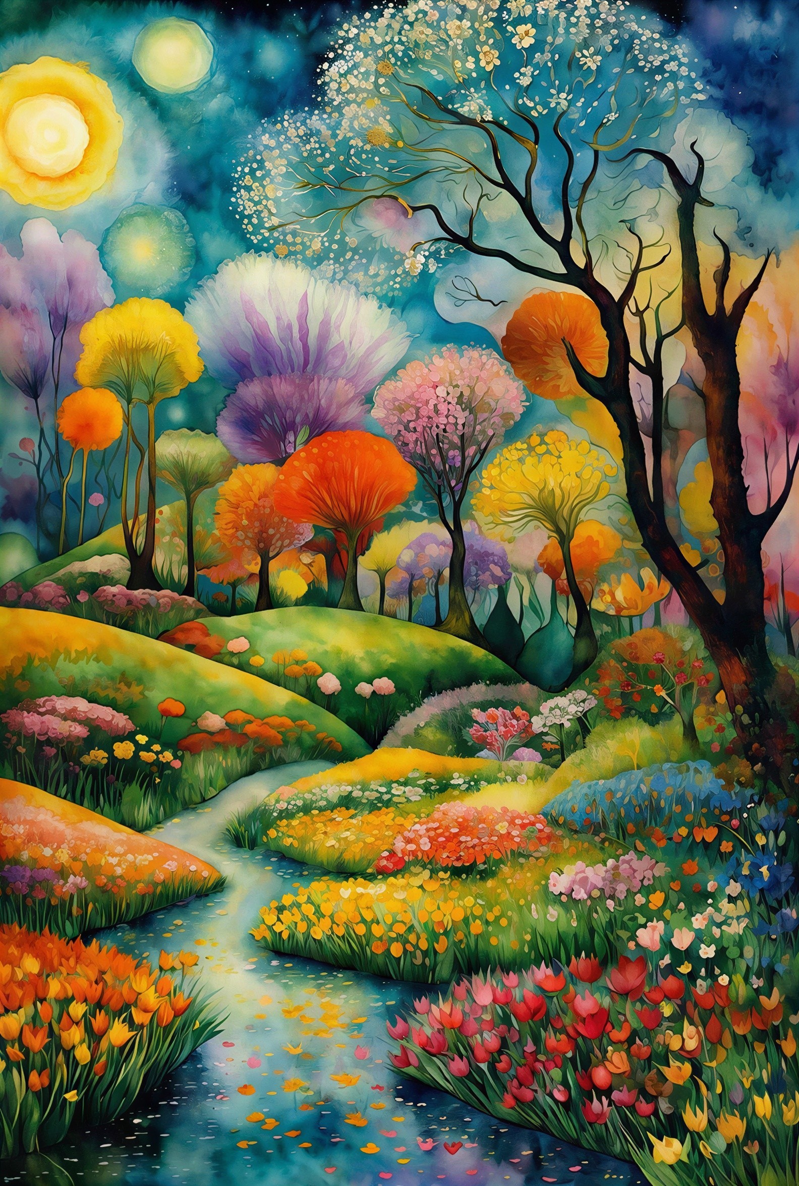 Vibrant Watercolor Landscape with Stream and Flowers