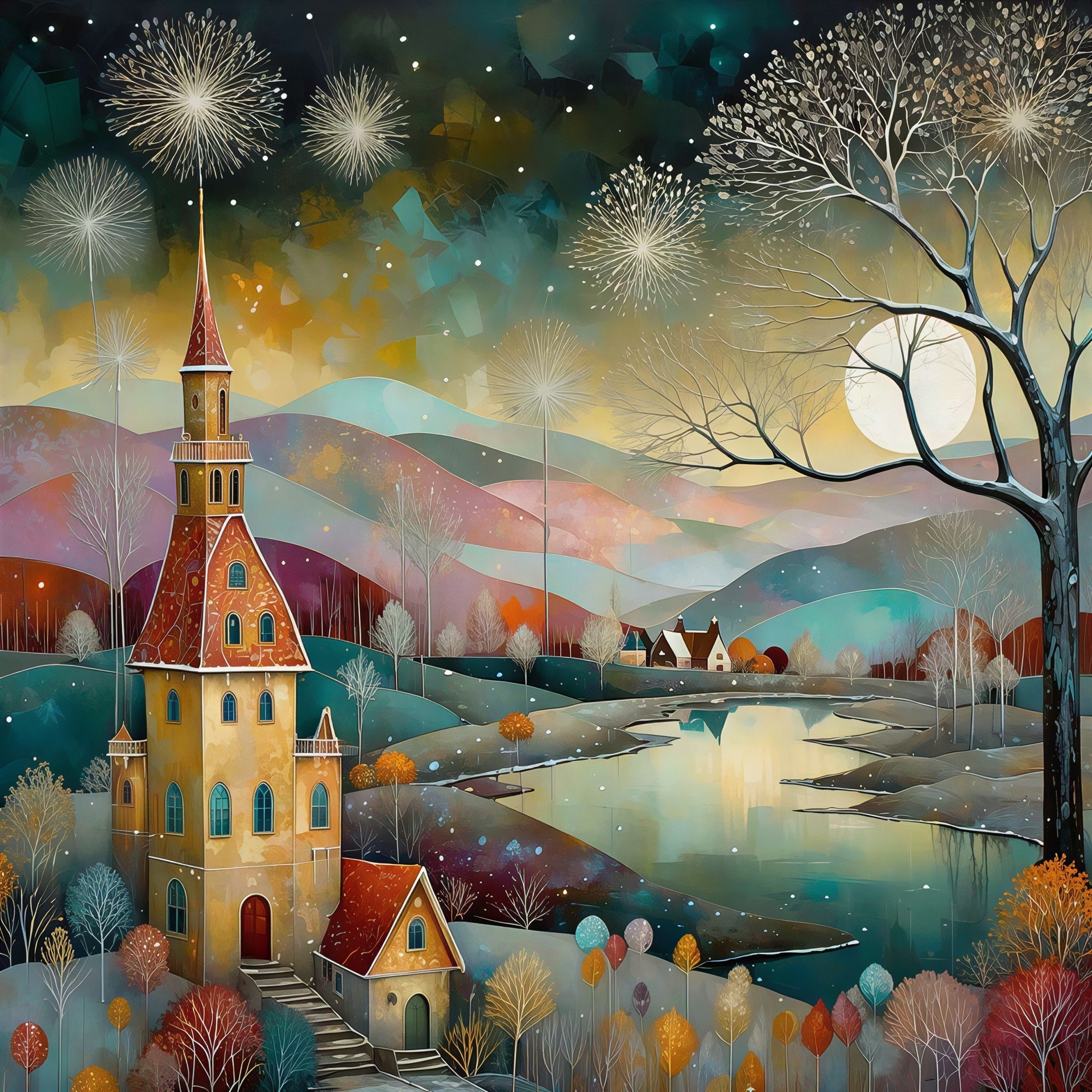 Magical Winter Landscape with Colorful Tower and Trees