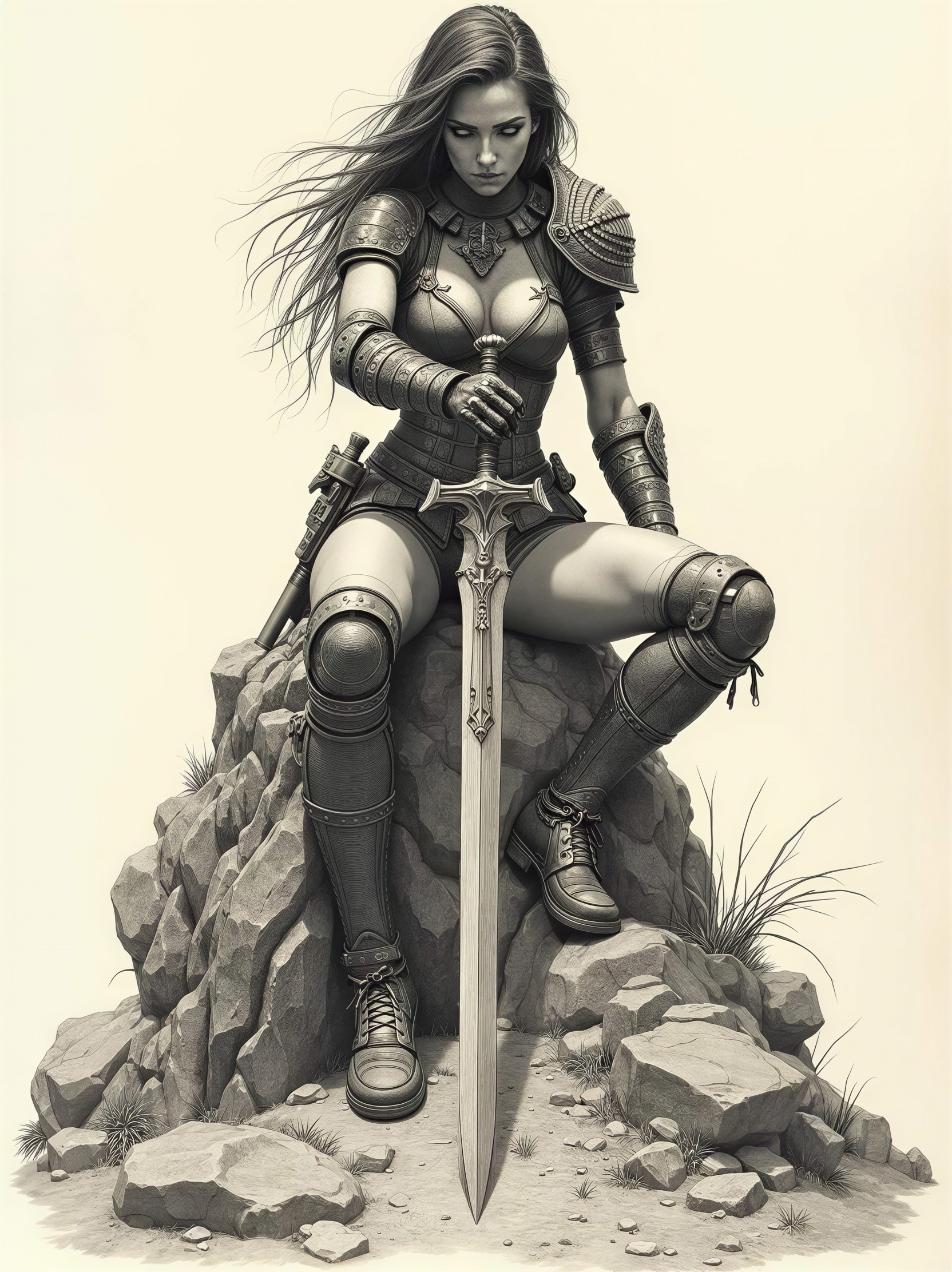 Black and white sketch of a female warrior in armor