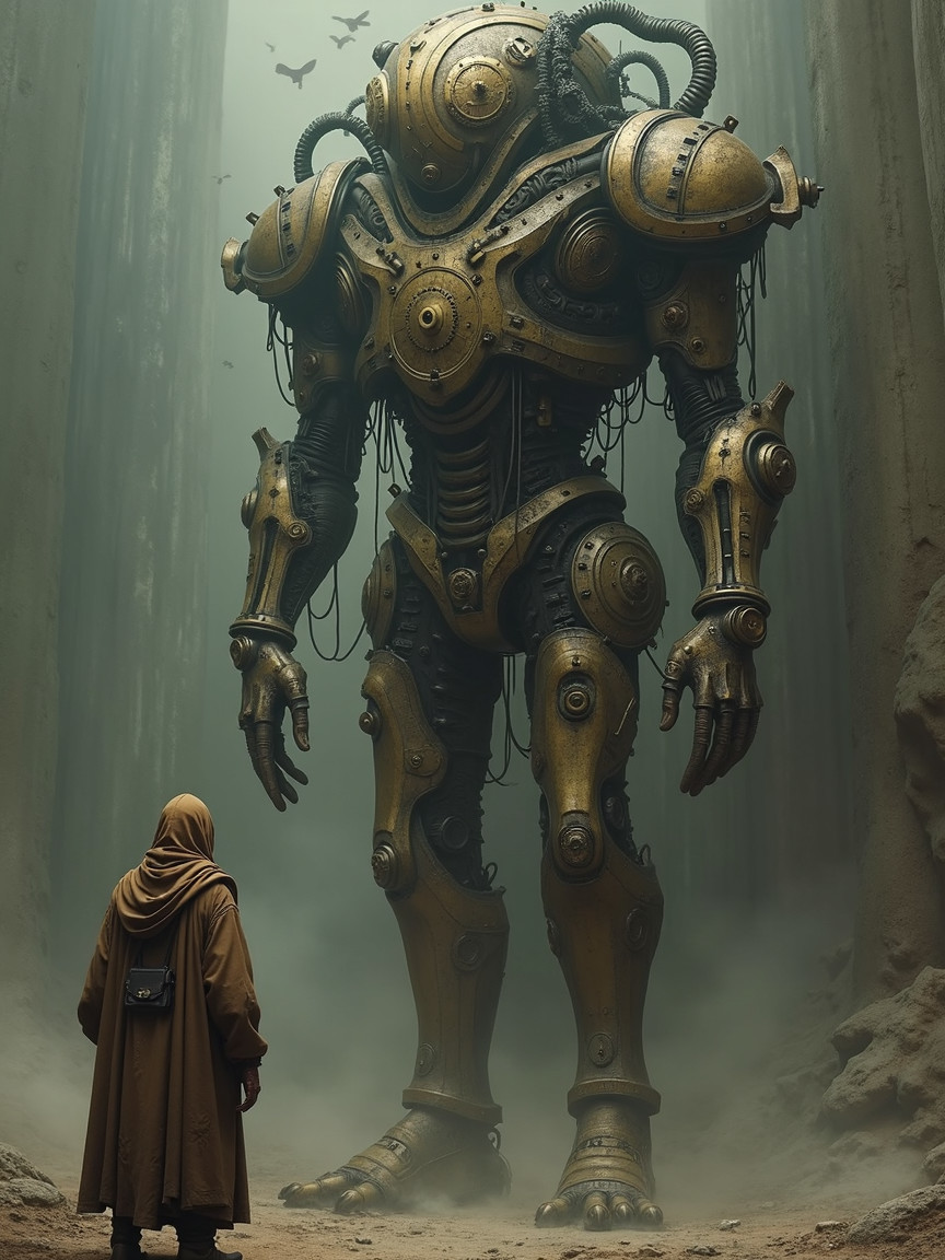 Cloaked Figure and Steampunk Robot in Misty Forest