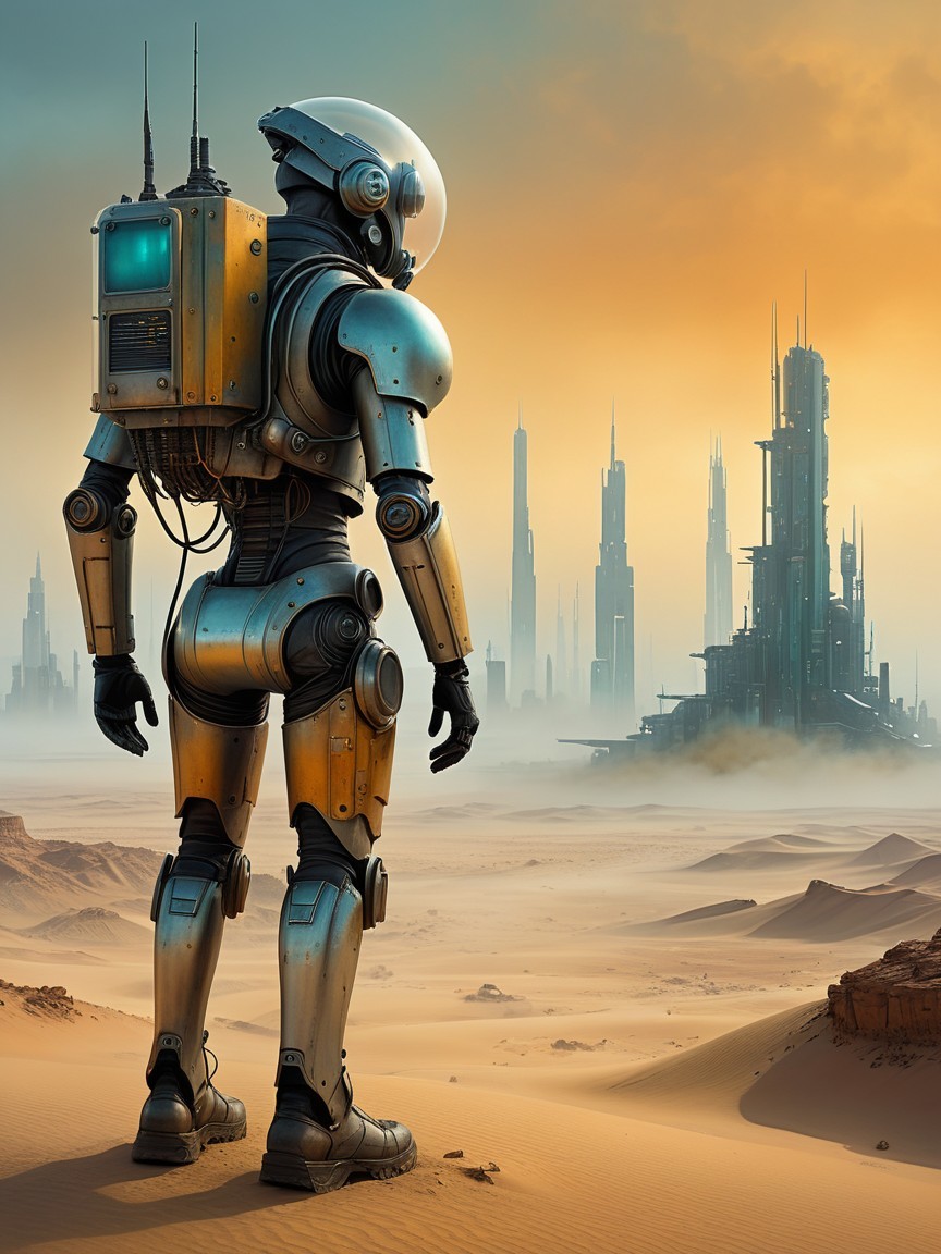 Futuristic Robot in Desert with City Skyline at Sunset