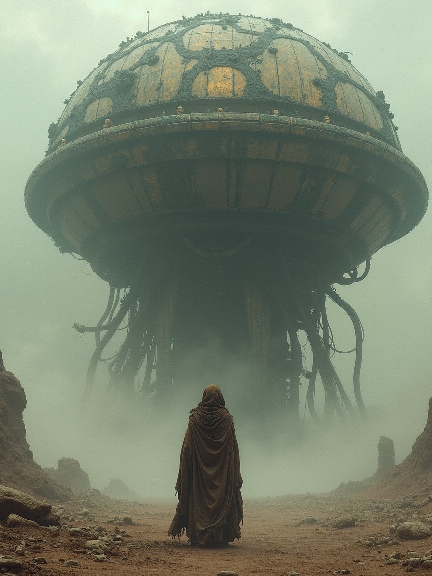 Cloaked Figure in Post-Apocalyptic Landscape with Structure