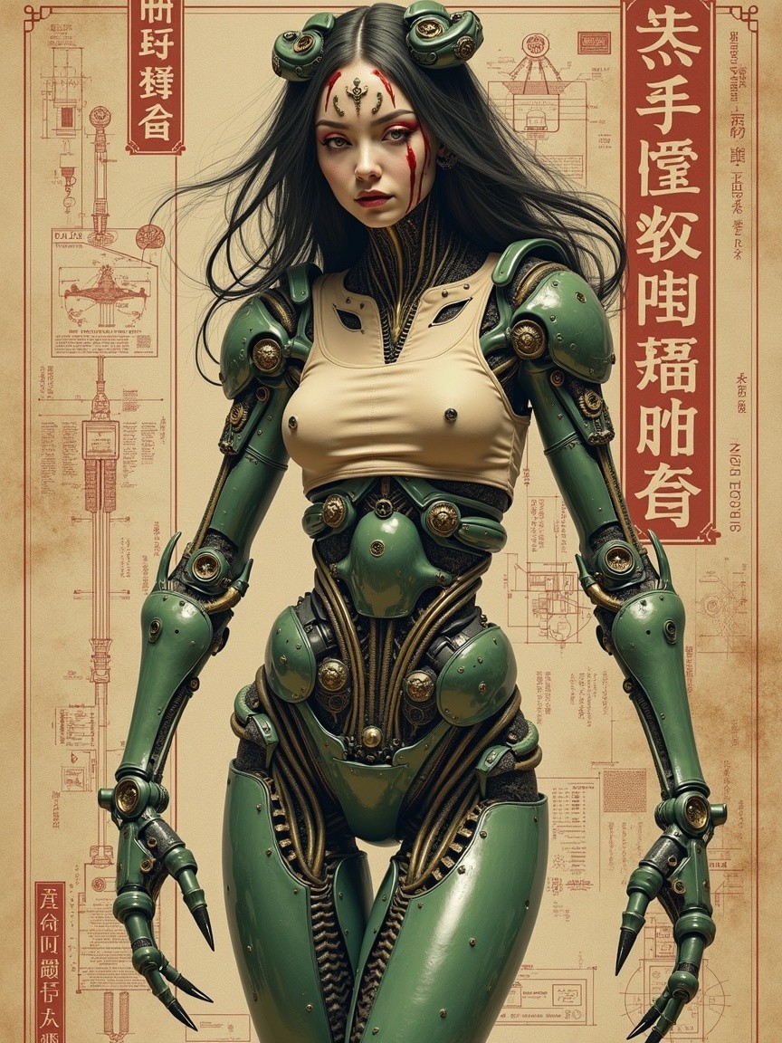 Futuristic humanoid robot with green metallic design