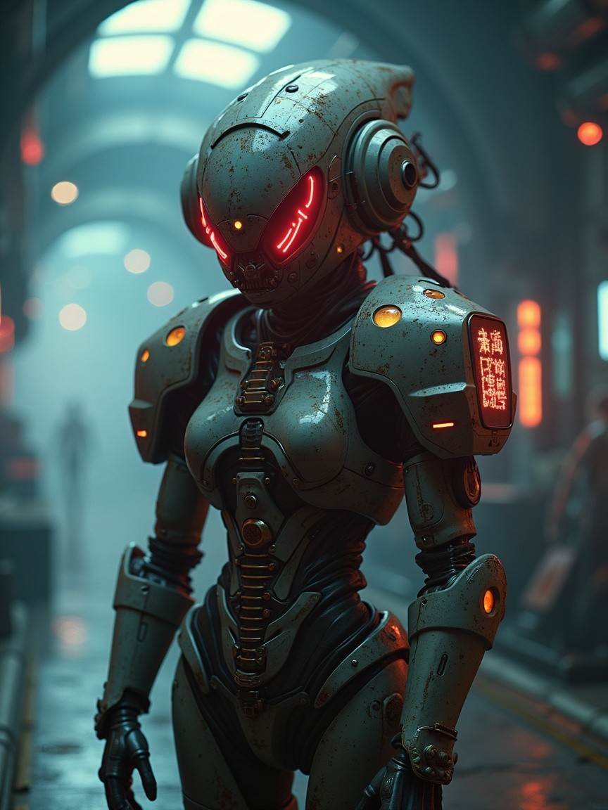 Futuristic Robot in Dimly Lit Cyberpunk Corridor