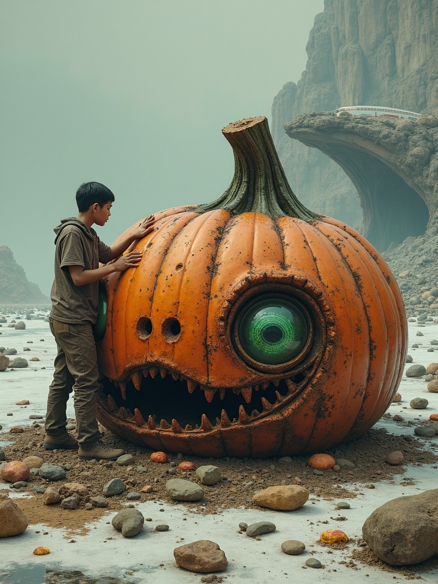 Surreal Landscape with Whimsical Giant Pumpkin