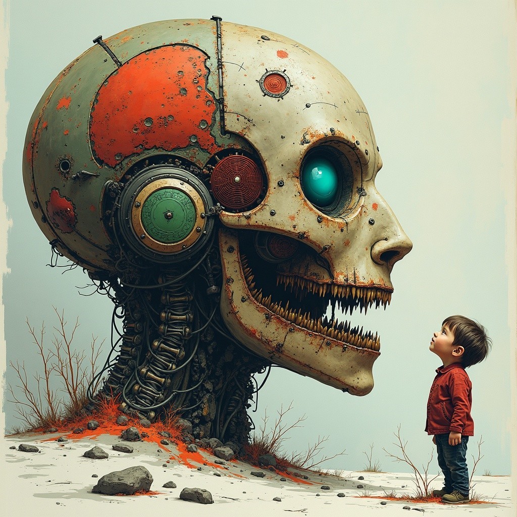 Child Awed by Massive Colorful Robotic Skull