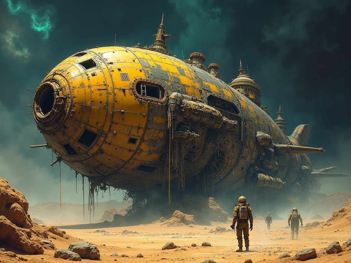 Submarine-like craft in a barren alien landscape