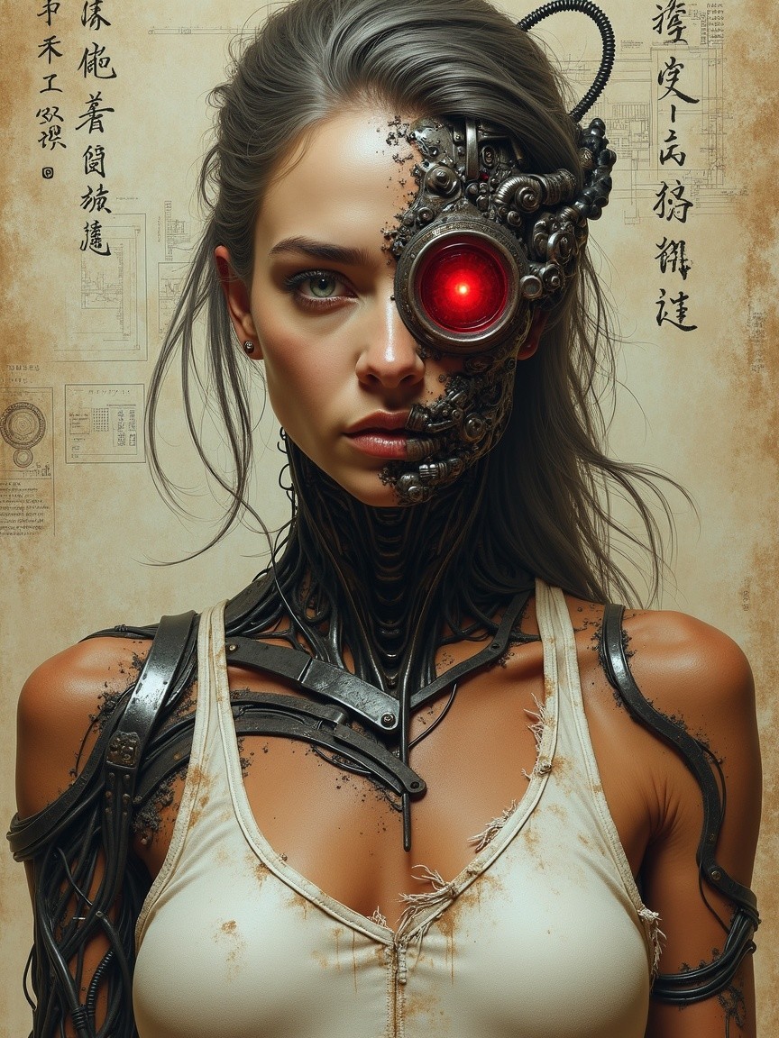 Futuristic Cybernetic Woman with Human and Mechanical Features