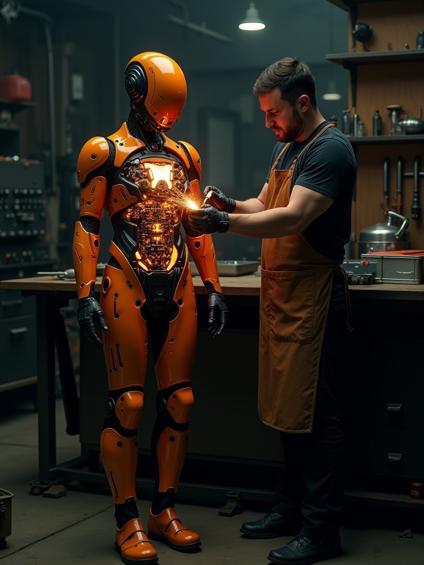 Technician Working on Orange Robotic Figure in Workshop