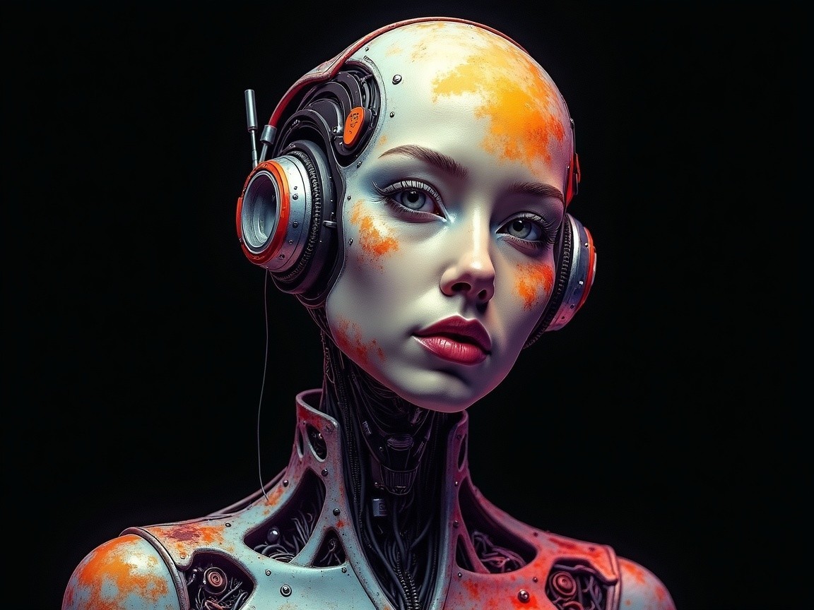 Futuristic humanoid robot with metallic design and accents