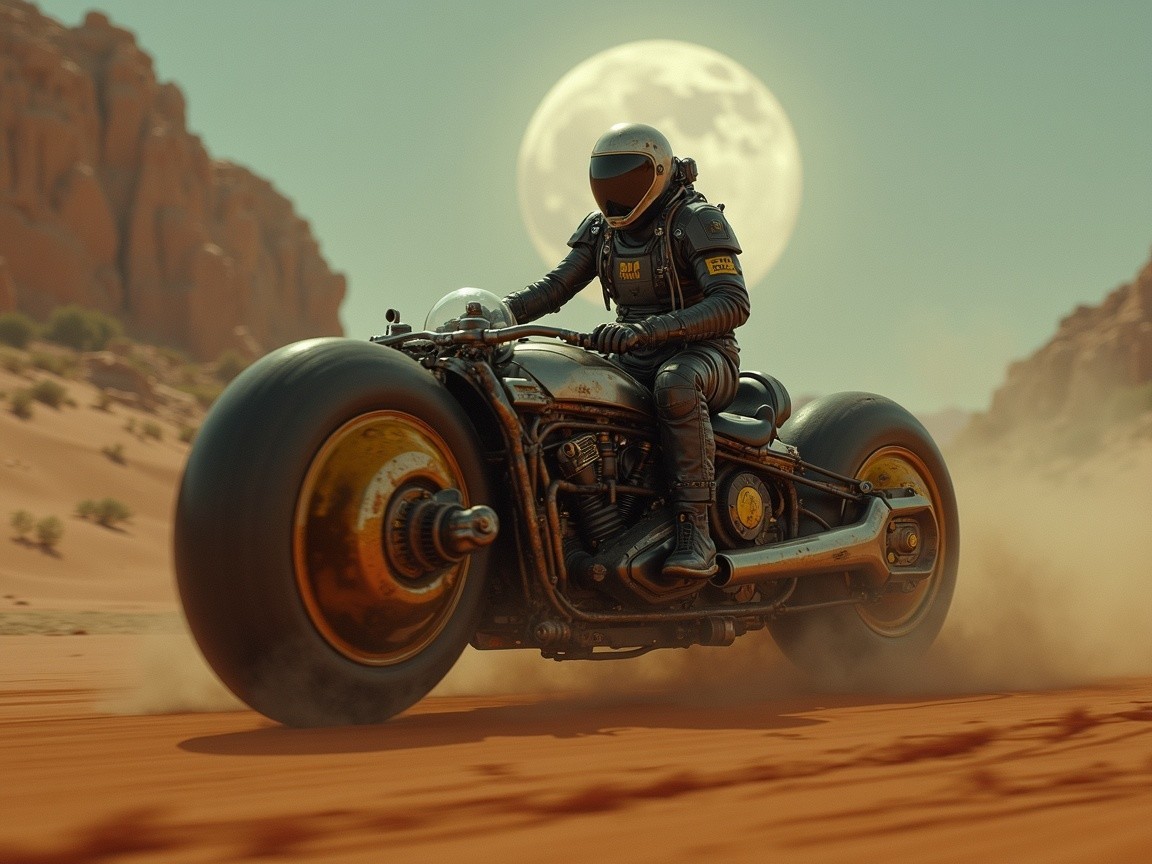 Futuristic Motorcycle in a Desert Landscape with Moon