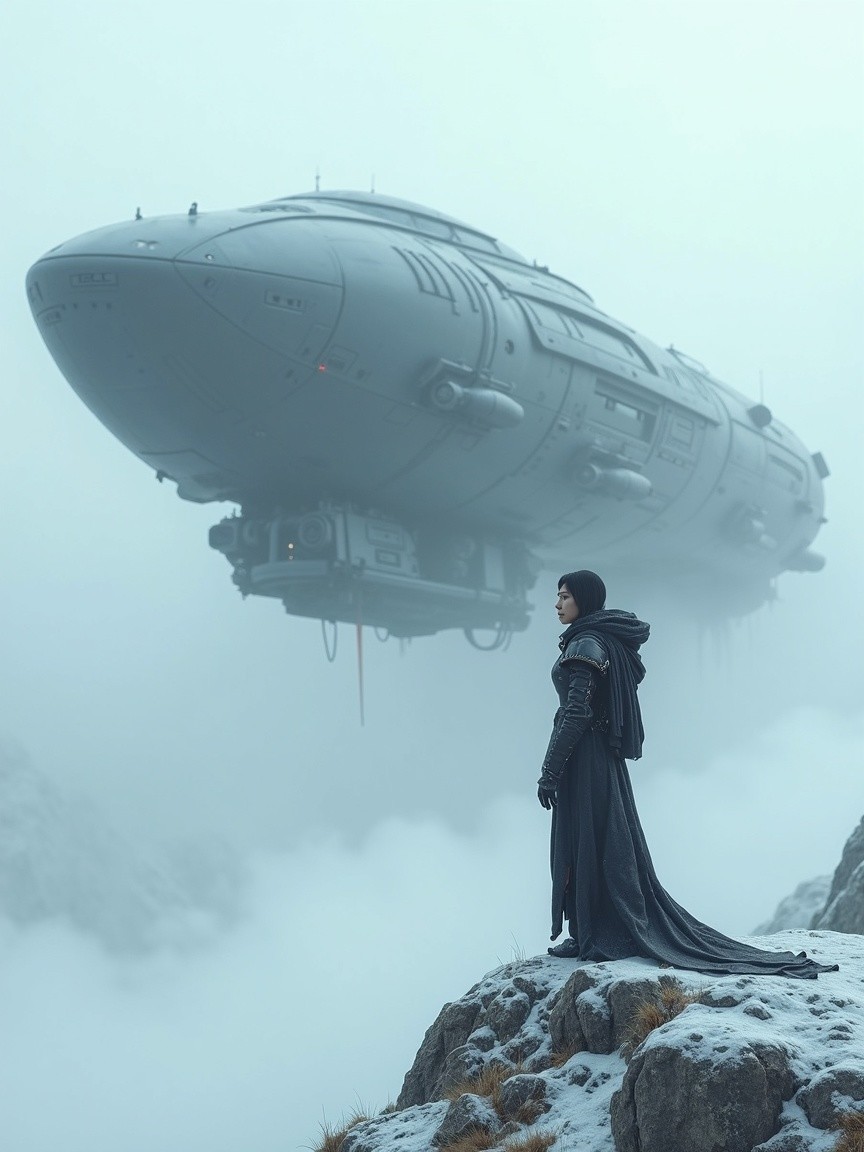 Misty Mountain Landscape with Figure and Airship