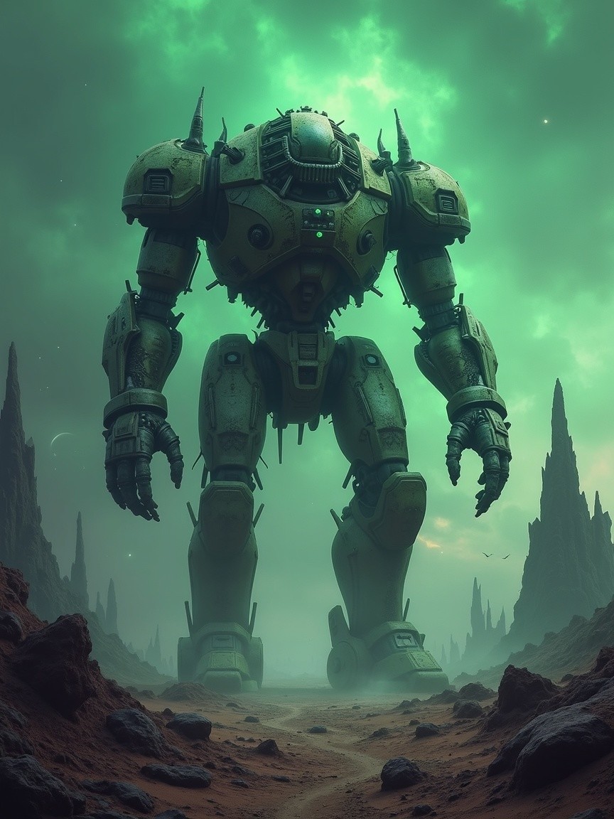 Robotic Figure in an Alien Landscape with Mist and Glow