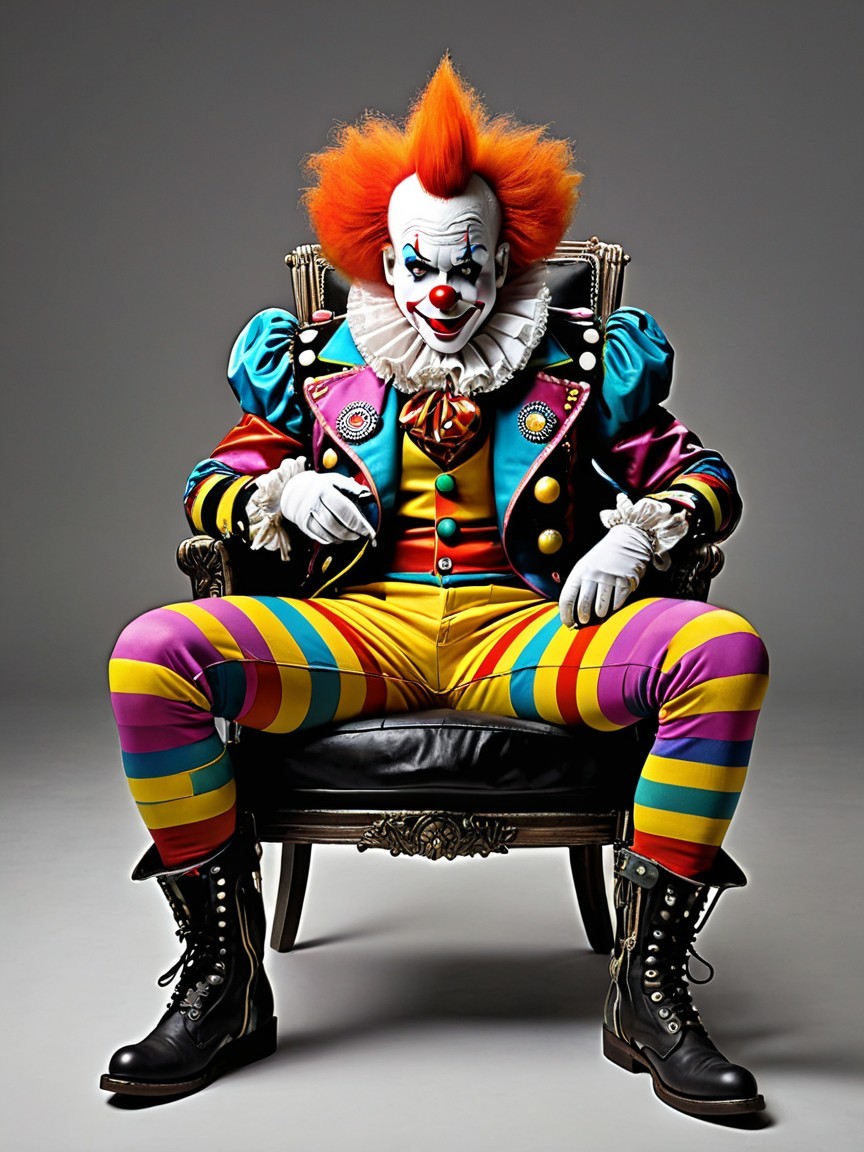 Colorful Clown in Sequined Suit Sitting in Armchair