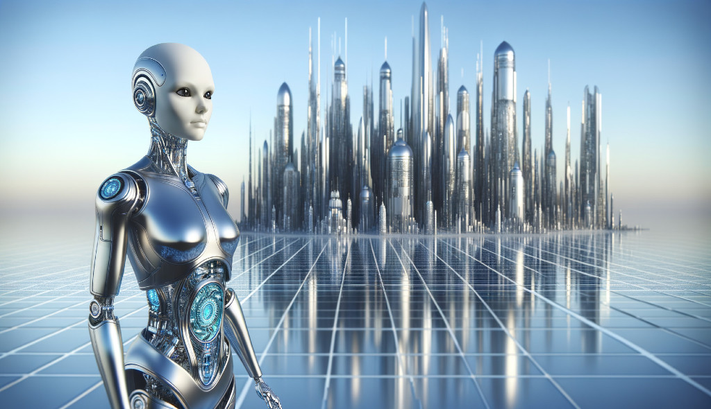 Futuristic Robot in a High-Tech Cityscape Setting