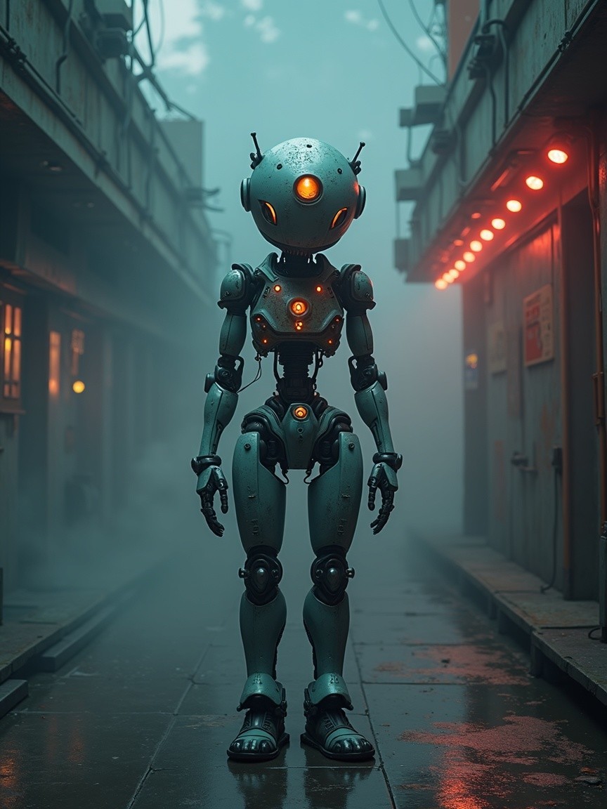 Futuristic Robot in Dimly Lit Industrial Alleyway