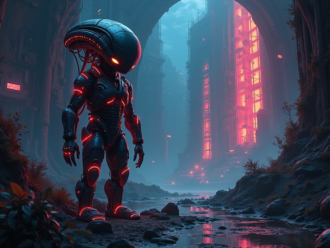 Humanoid Figure in Futuristic Misty Landscape