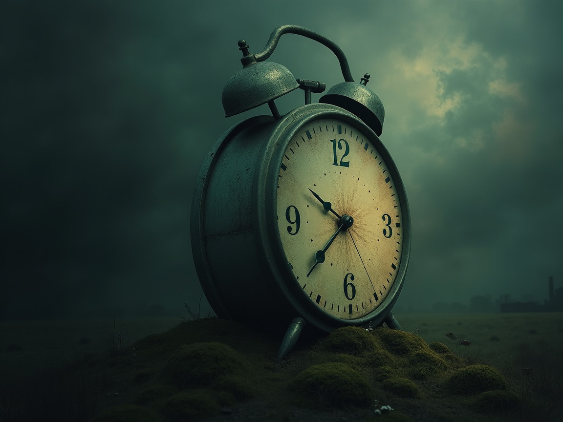 Vintage Alarm Clock on Mossy Mound in Gloomy Landscape