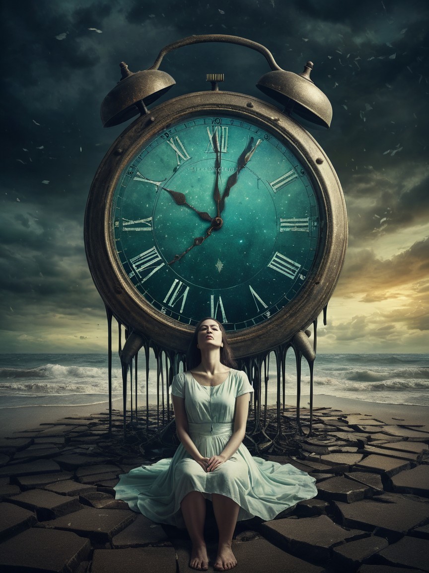 Surreal Scene of Woman with Melting Clock by Shore