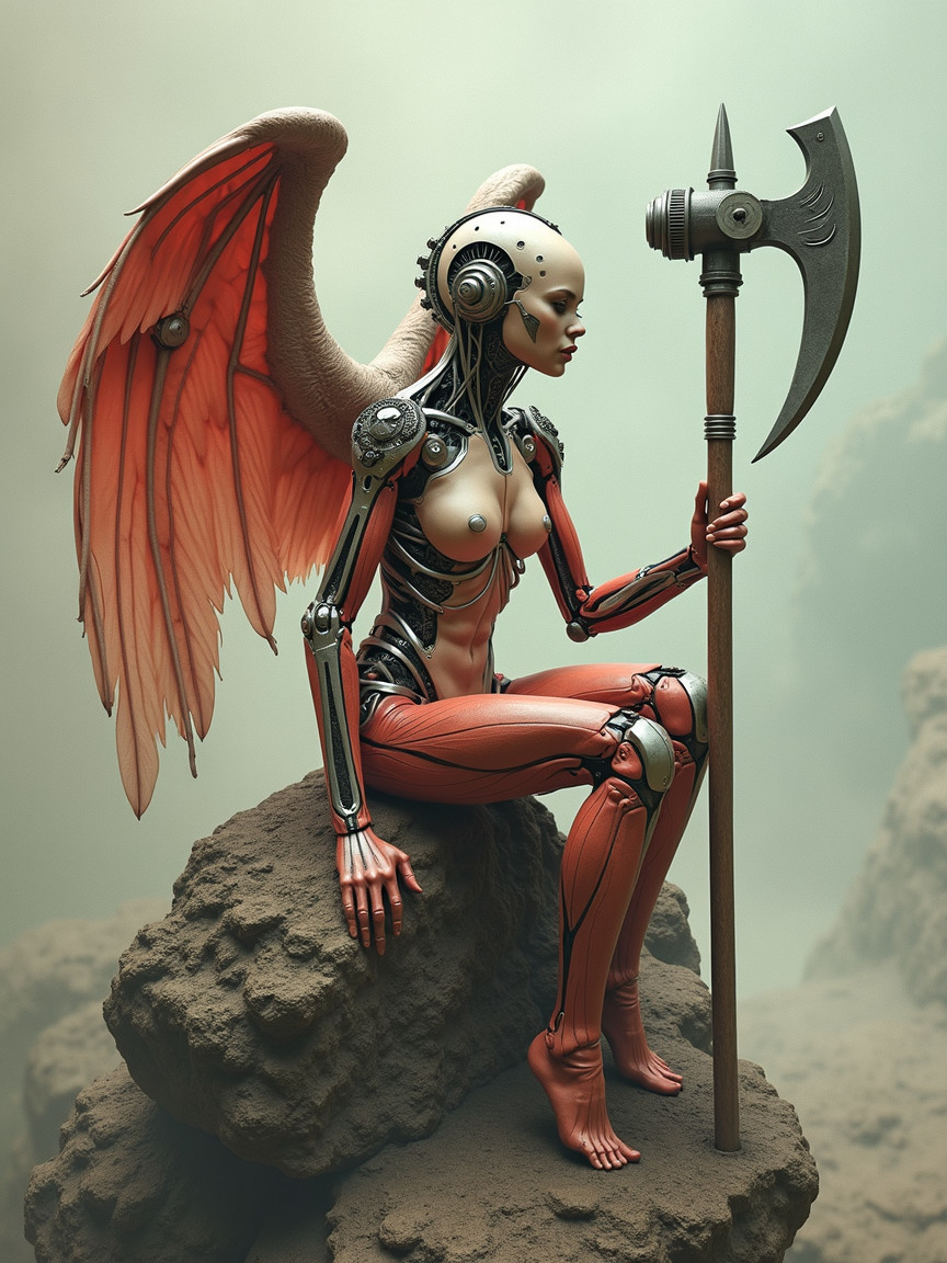 Futuristic Humanoid Robot with Wings and Weapon