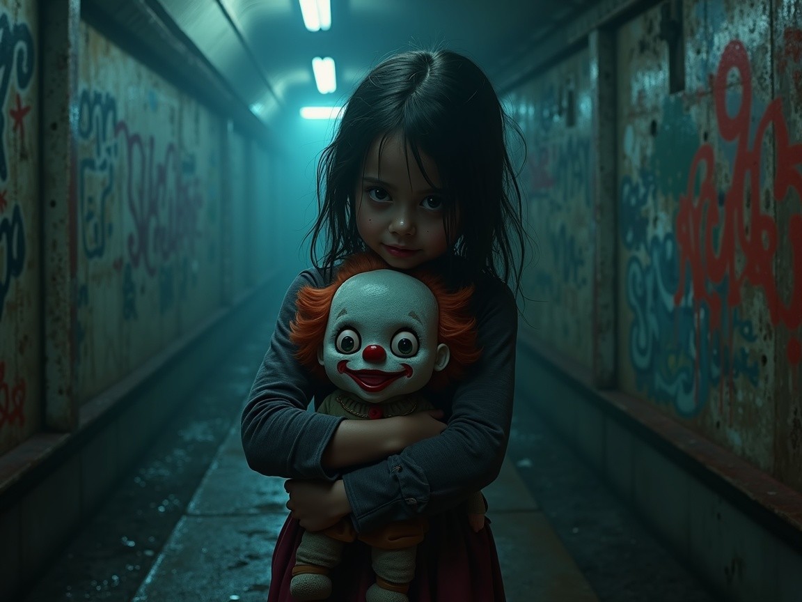 Young girl with clown doll in misty graffiti alley