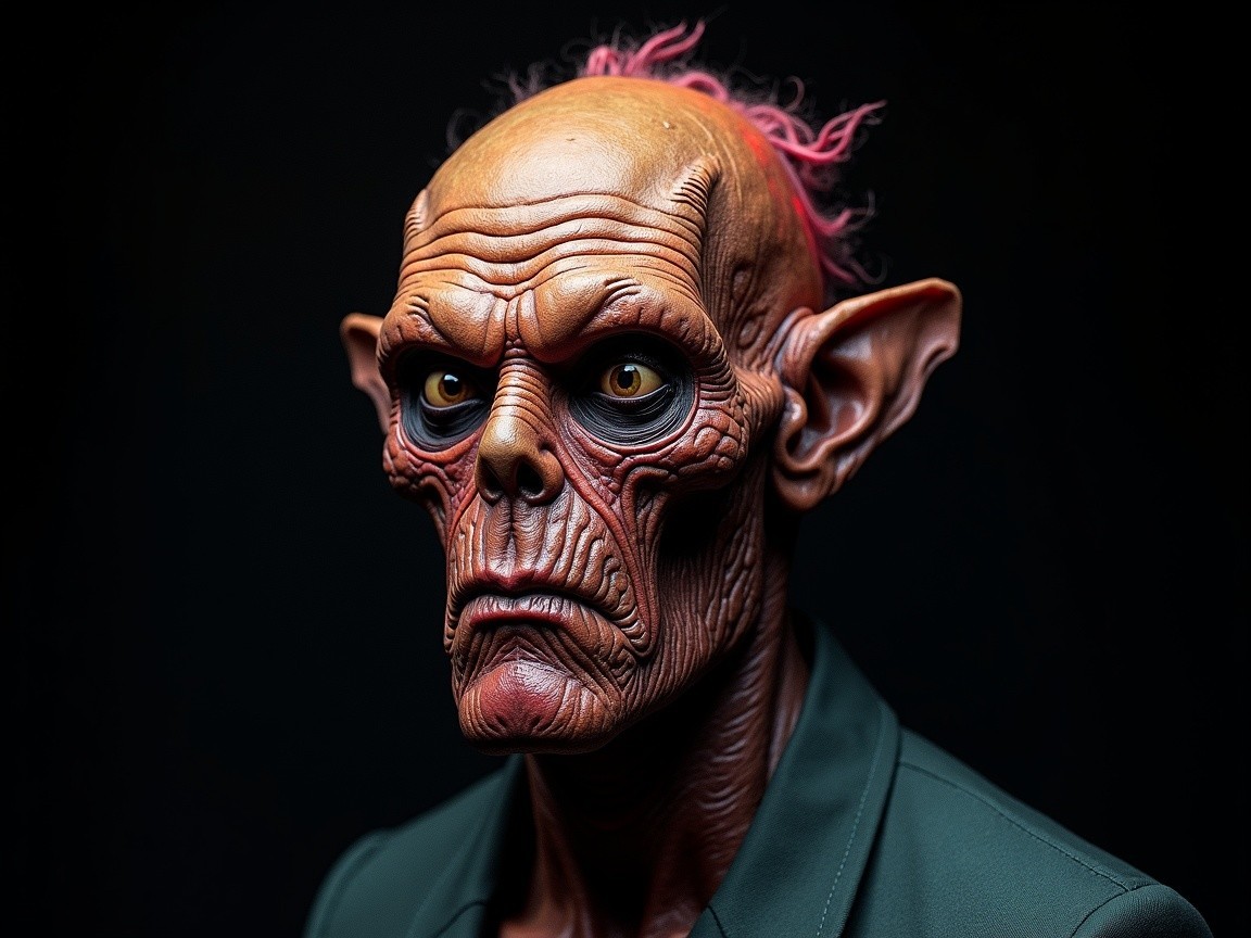Sculpted Creature with Exaggerated Features and Jacket