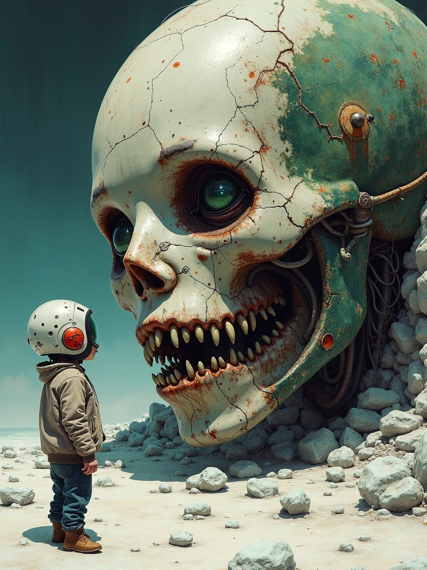 Child in Space Helmet Before Giant Skull Structure