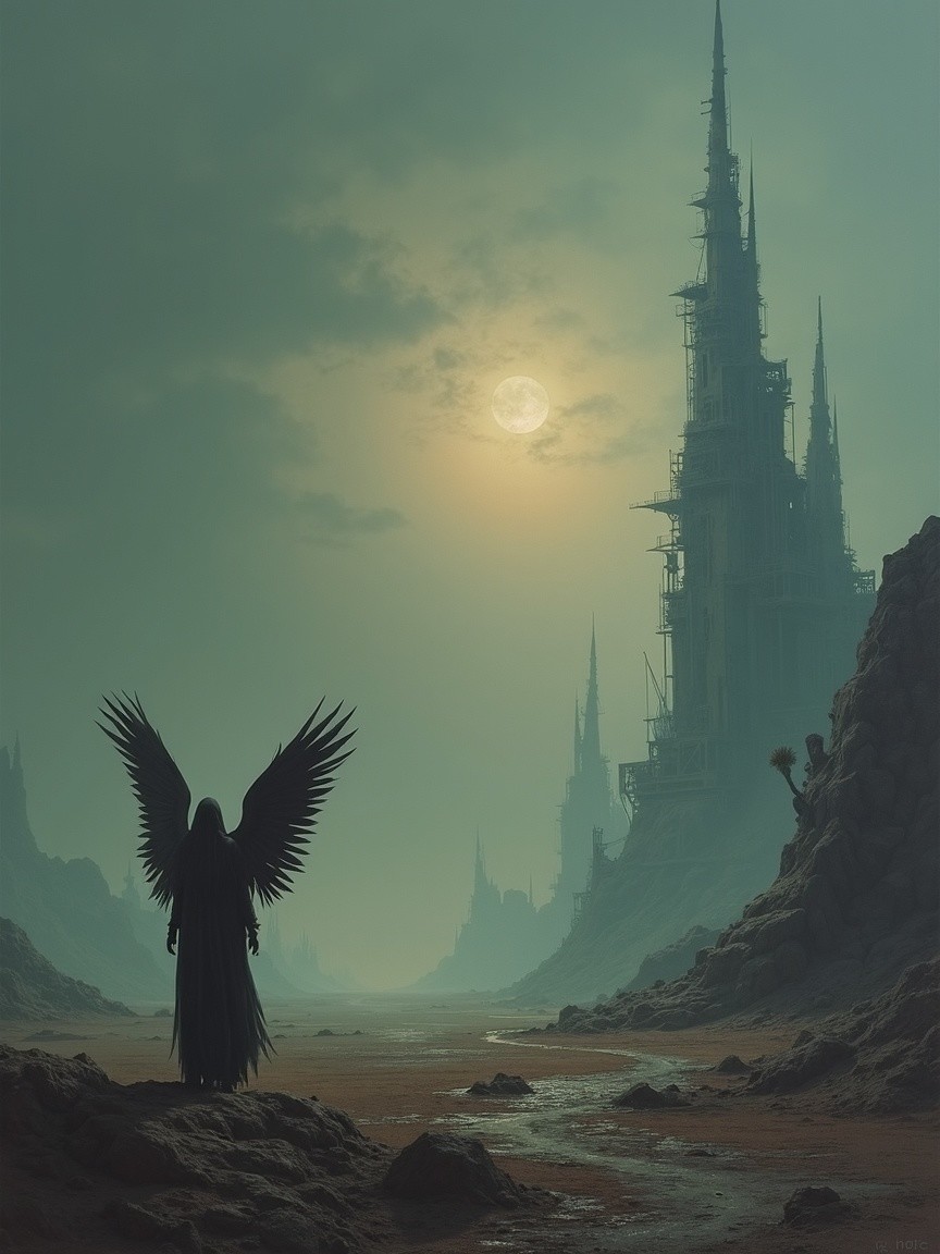 Dark Winged Figure in a Desolate Landscape Scene