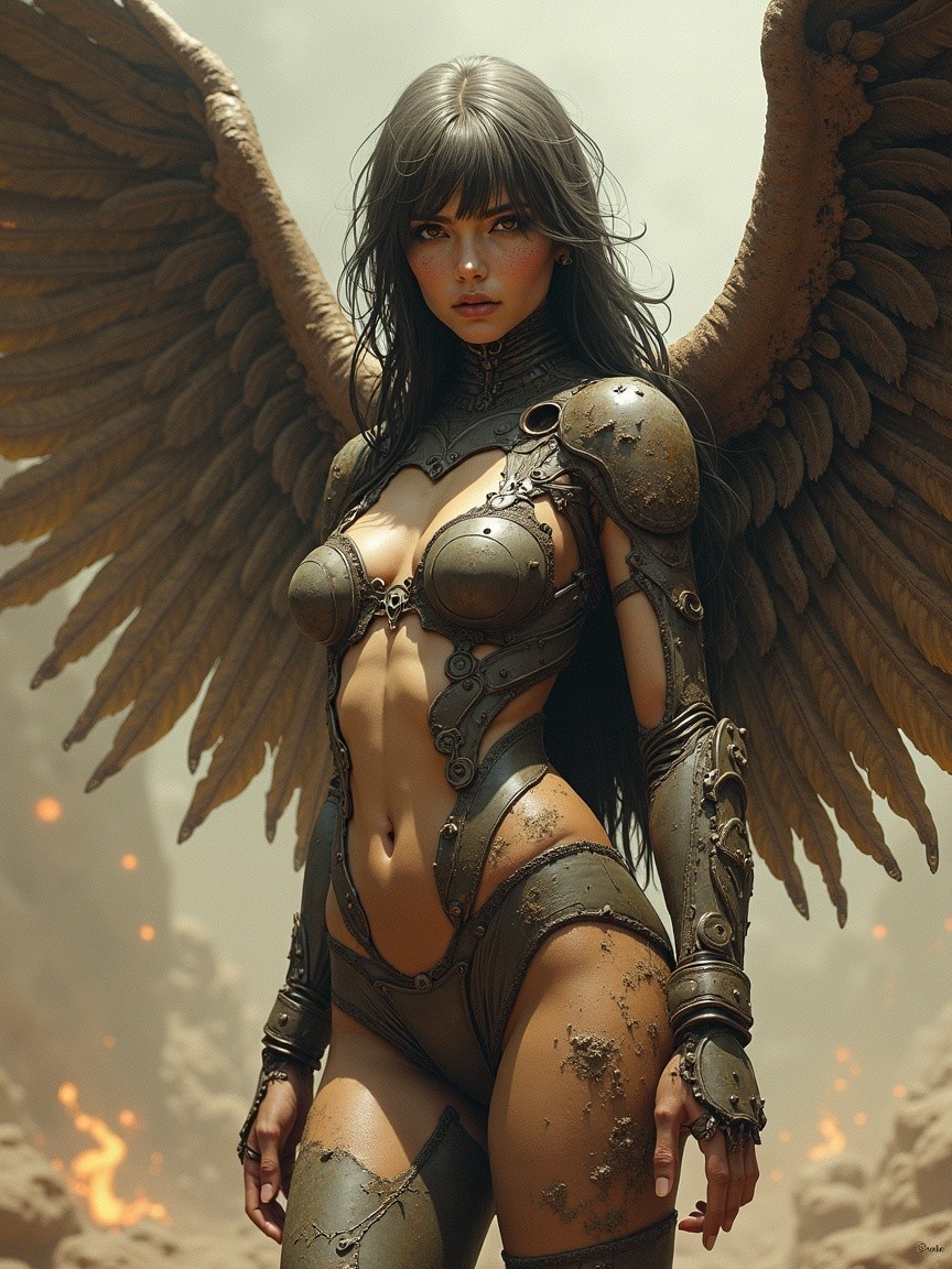 Statuesque Woman with Wings in Fiery Landscape