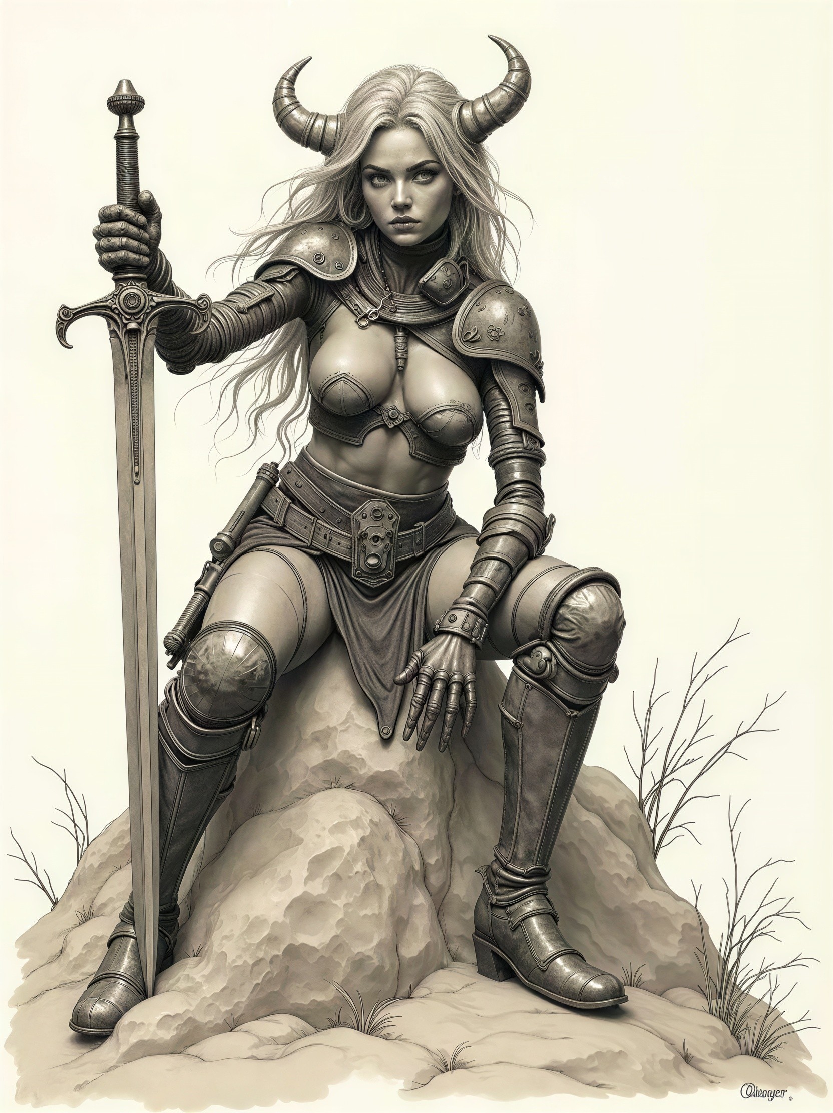 Detailed Grey-Scale Image of a Female Warrior