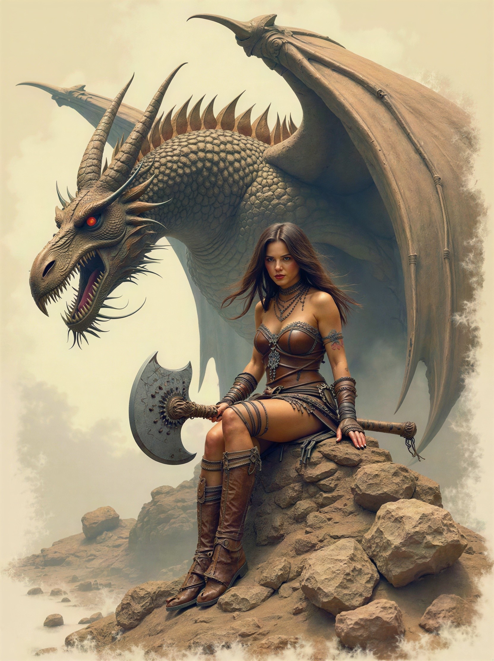 Warrior Woman with Axe and Brown Dragon in Fantasy Scene