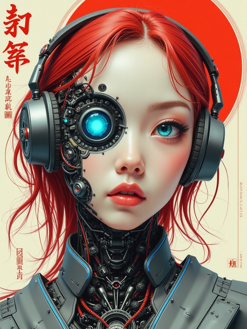 Futuristic humanoid with red hair and blue eyes