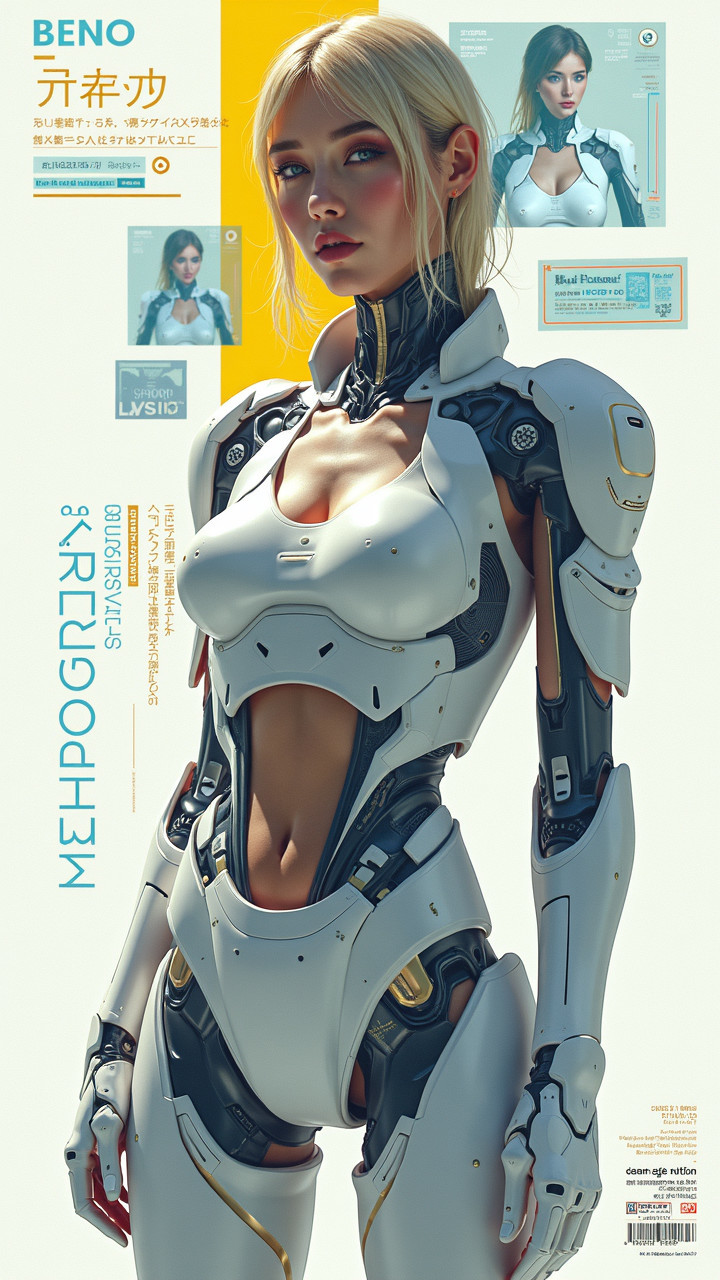 Futuristic Female Figure with Robotic Design and Holograms