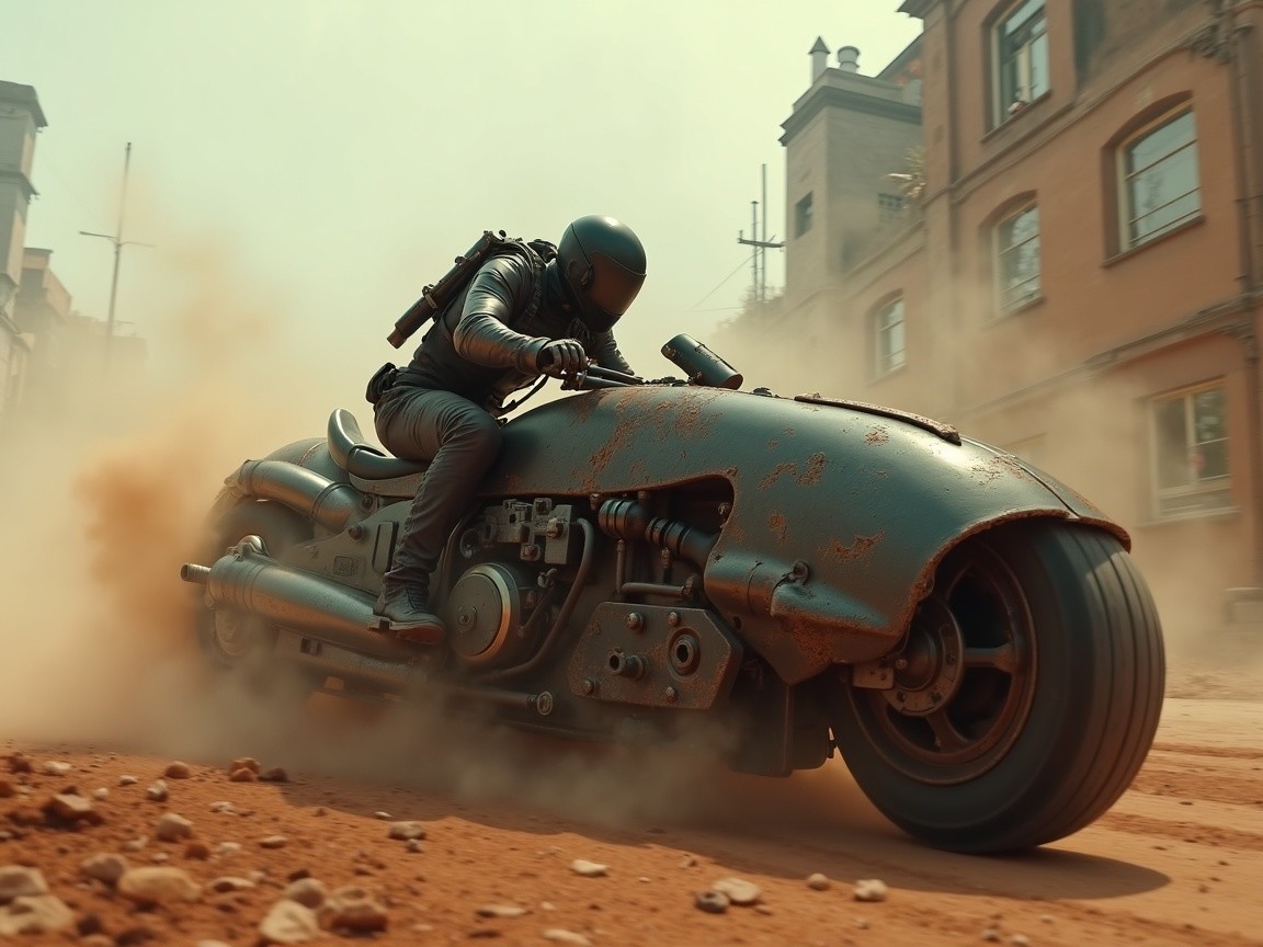 Futuristic Motorcycle Rider in Urban Setting